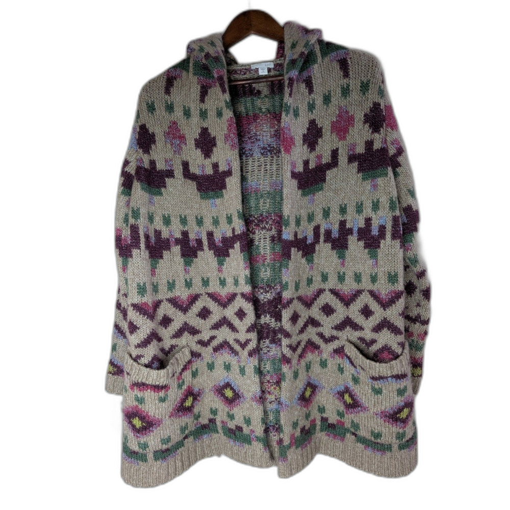 J Jill Cozy Wool Blend Hooded Cardigan Sweater Size M Fair Isle Boho Open Front